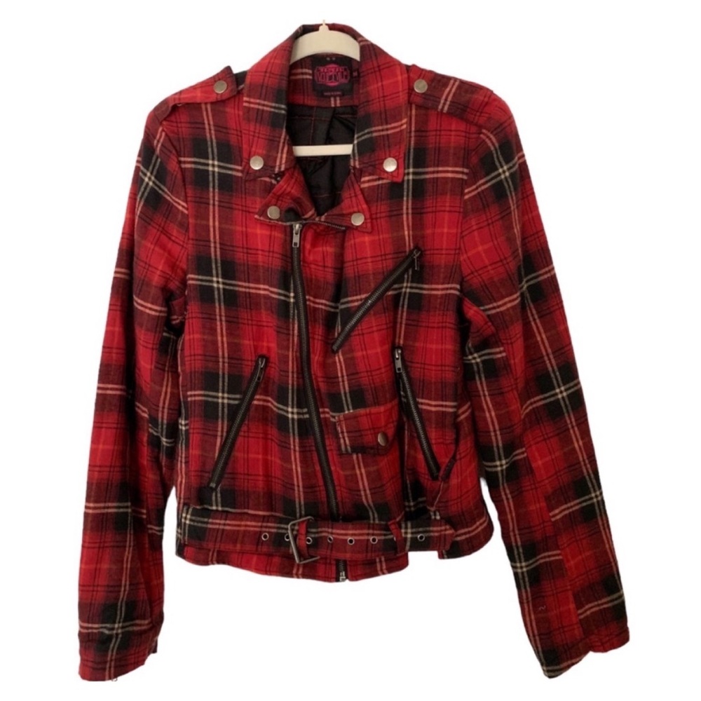 Tripp NYC Trash Vaudvile Medium Red Plaid Flannel Grunge Punk Y2K Jacket